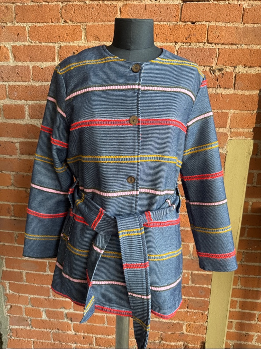 Anthropologie Blue Striped Belted Jacket with Red, Pink & Yellow Accents